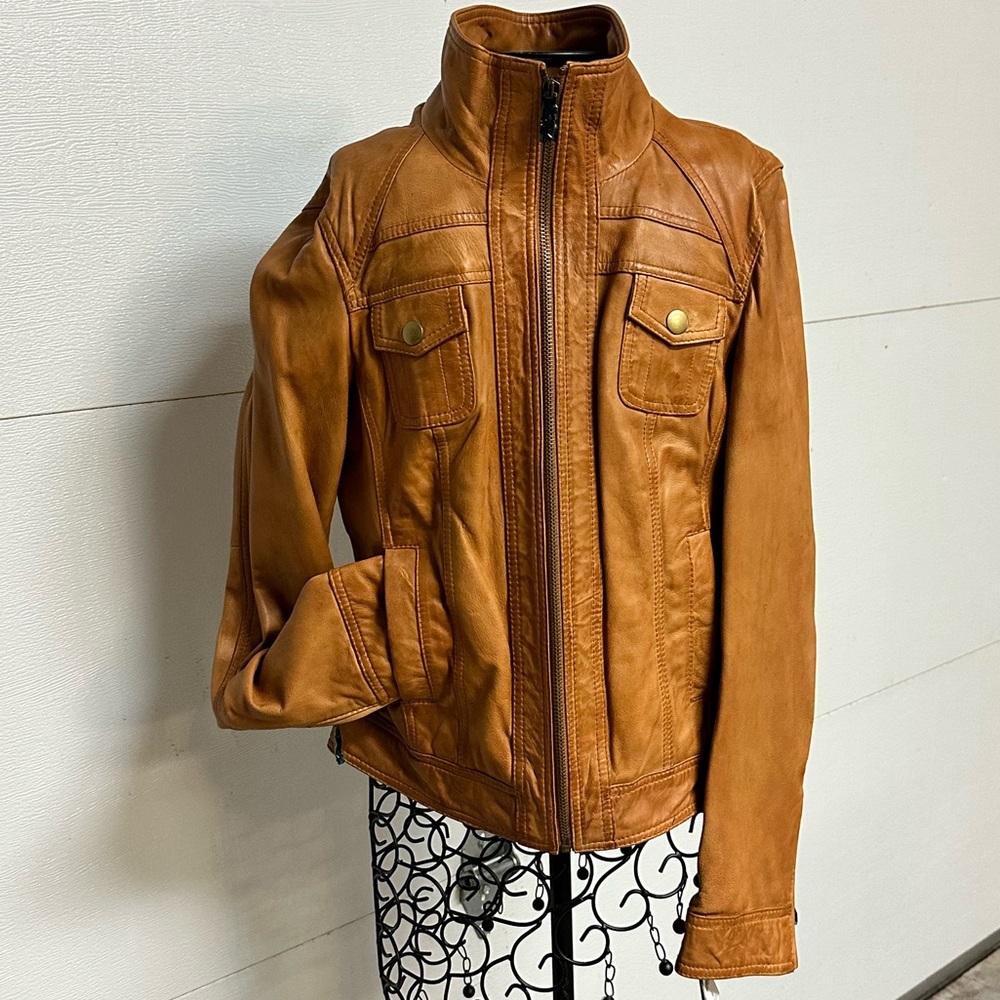 Black Rivet Cognac Tailored Leather Jacket | Pockets | Collar Ladies Size M NWT - Picture 2 of 15